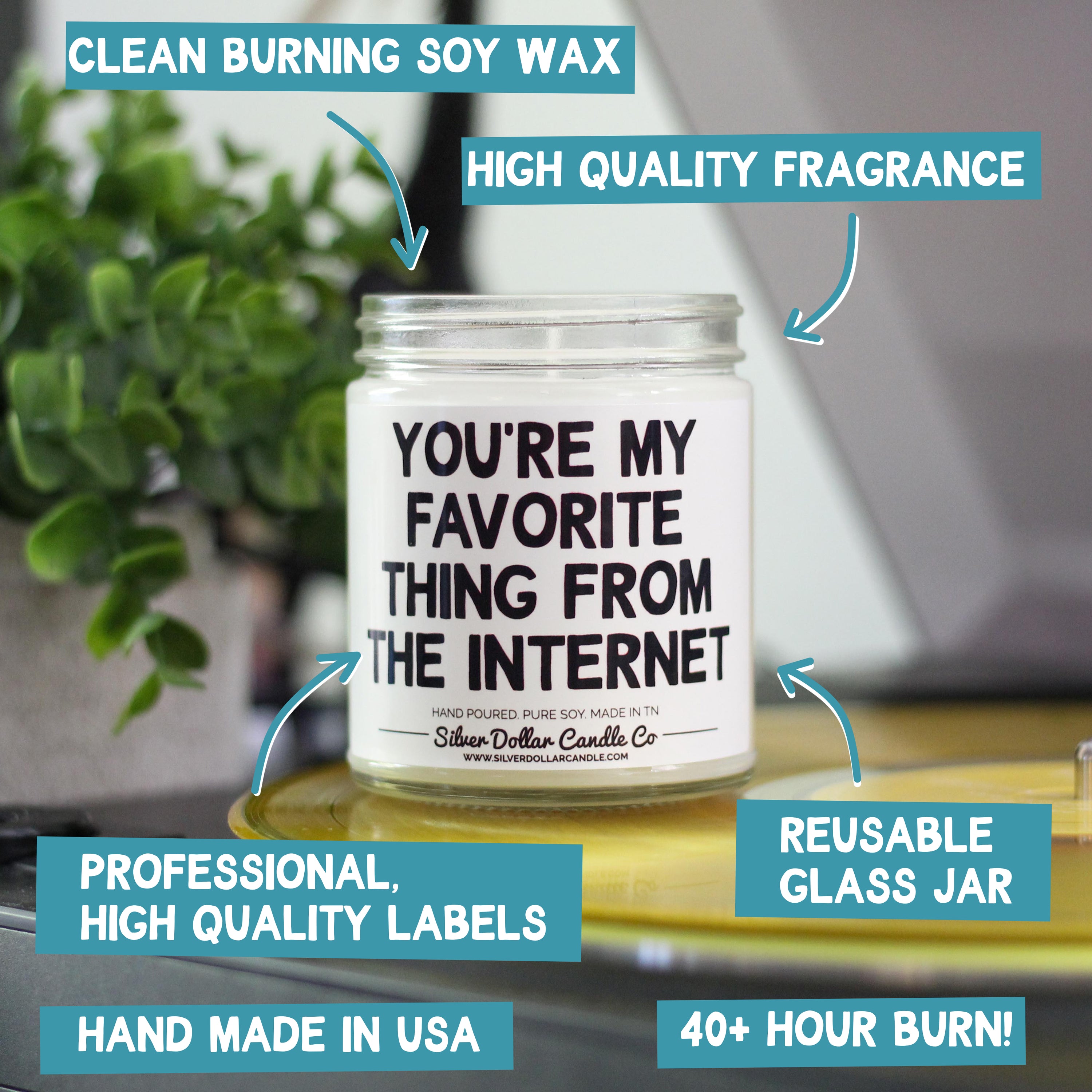 A beautifully designed candle labeled 'I Enjoy Long Walks Through The Bookstore' with a cozy ambiance, showcasing its elegant packaging and personalization option.